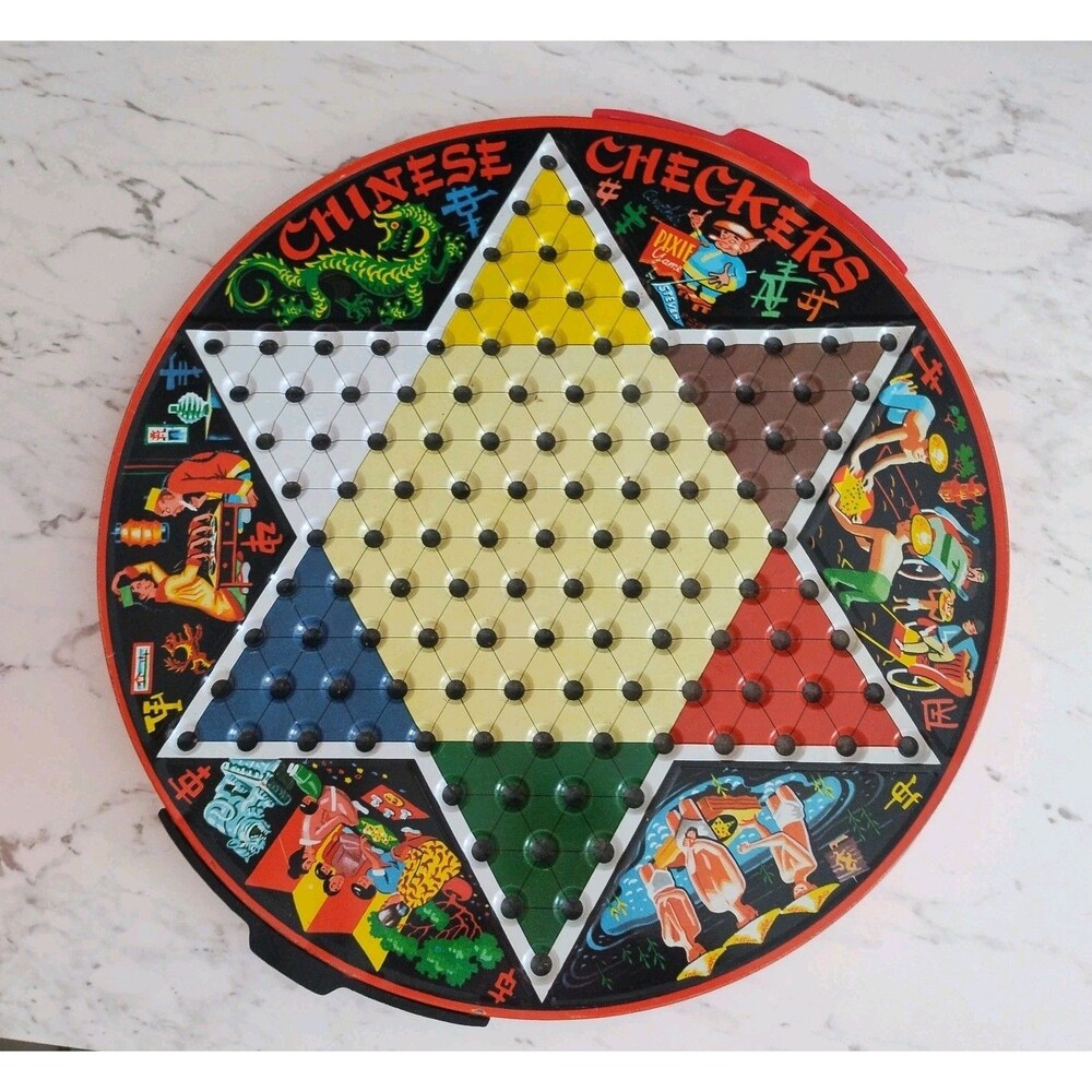 Vintage 60s Pixie Chinese Checker Tin Lithograph Inside Storage Marbles Checkers